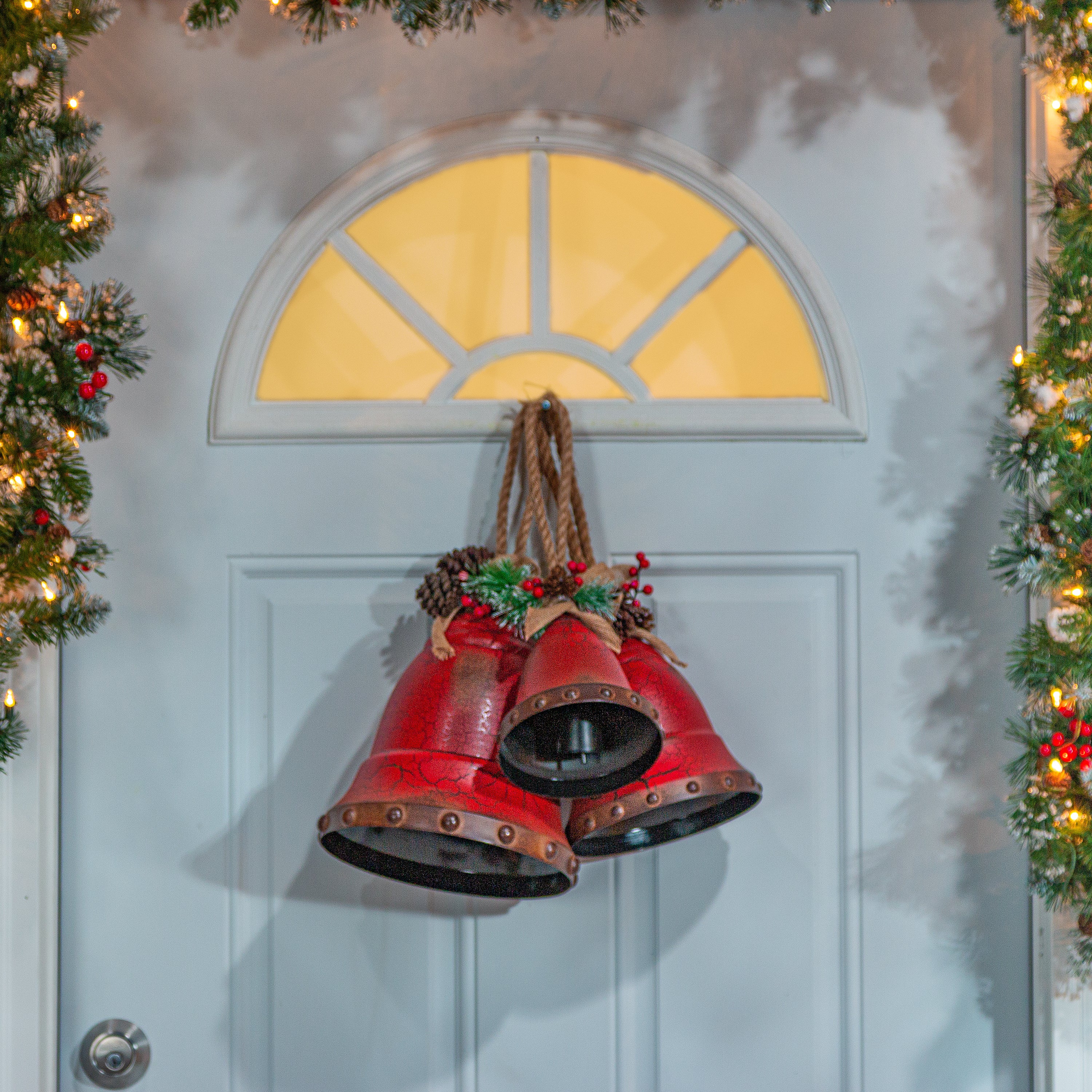Hanging Red Metal Holiday Bells with Rope, Set of 3